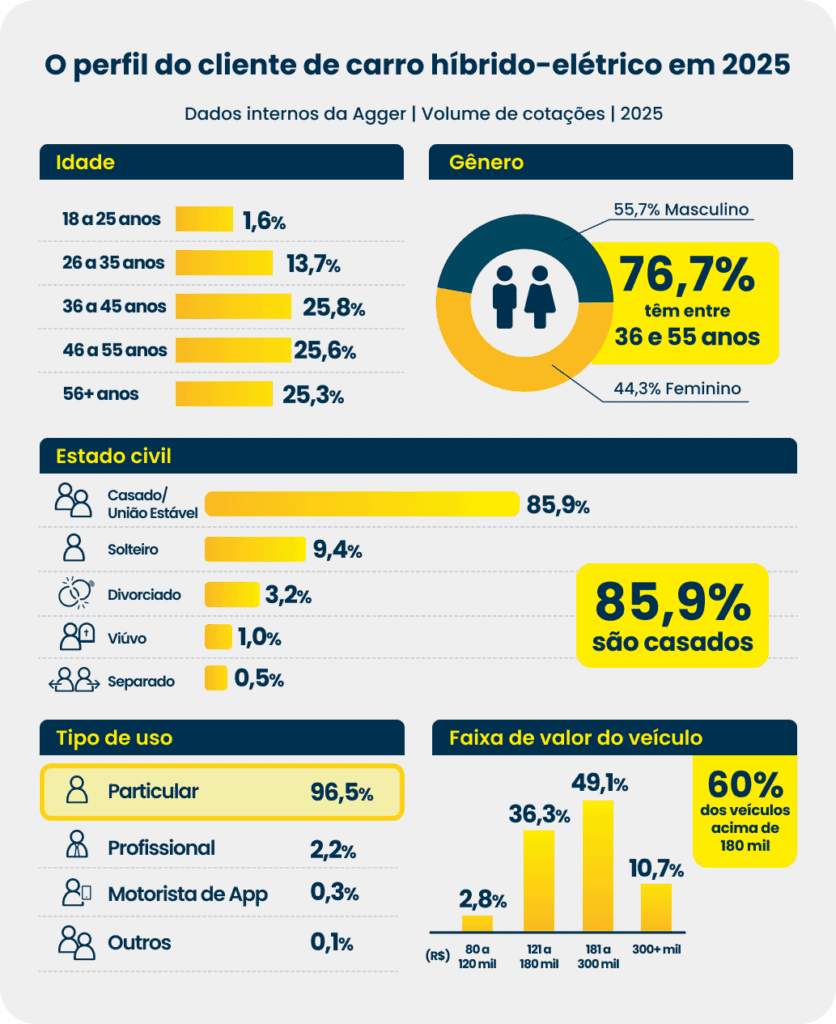 Infográfico do perfil do cliente de carro híbrido-elétrico em 2025.